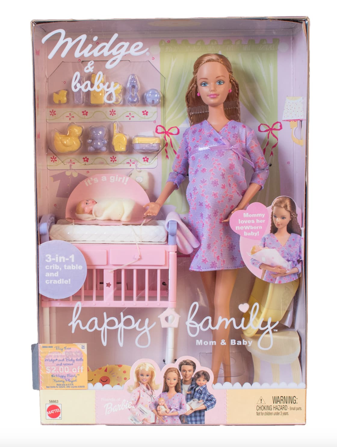 discontinued barbie doll - Midge baby 3in1 crib, table and cradle! it's a girl Mommy loves her newborn baby! happy to family Buy these Midge and Baby dolls and recor $2.00 off the Happy Family Nursery Playset! Va 56663 Mattel Barbie A Warning Choking Haza